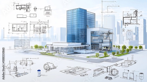 Detailed digital blueprint showcasing the design of a modern sustainable building featuring an integrated water recycling system