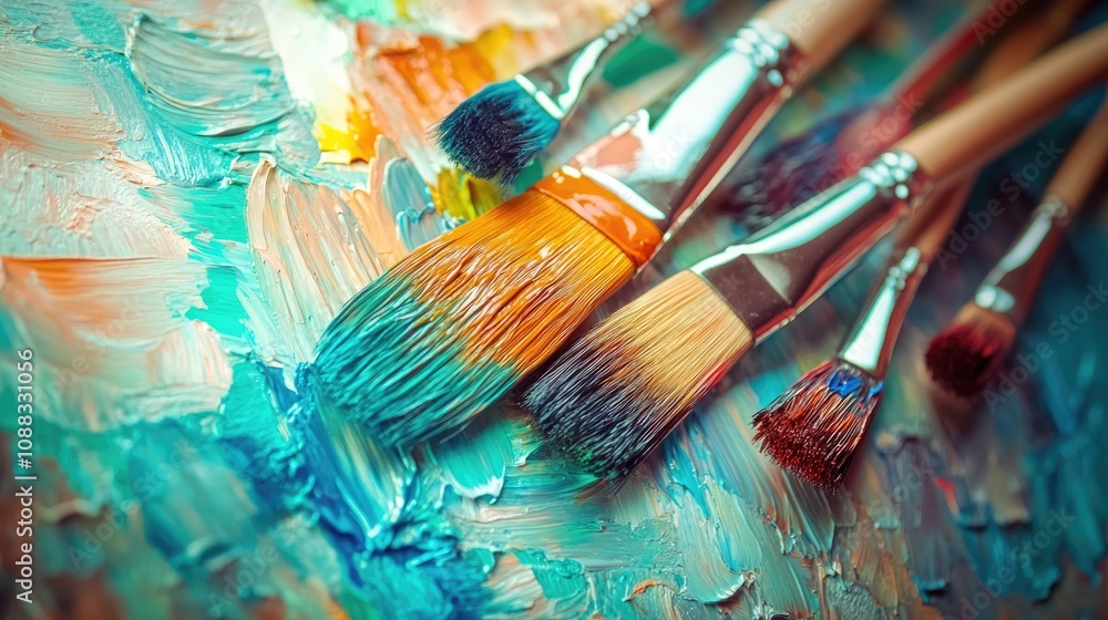 Fototapeta premium Vibrant paintbrushes resting on a textured canvas splashed with colorful strokes, highlighting the creativity and artistry in the painting process.