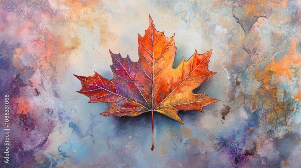 Colorful autumn maple leaf displayed on an abstract textured backdrop showcasing vibrant hues of orange, red, and blue. Colorful autumn maple leaf displayed on an abstract textured backdrop showcasing vibrant hues of orange, red, and blue.