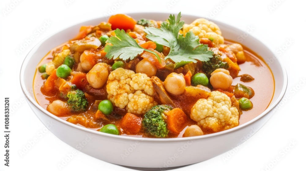 A bowl of hearty vegetable curry with chickpeas, cauliflower, carrots A bowl of hearty vegetable curry with chickpeas, cauliflower, carrots