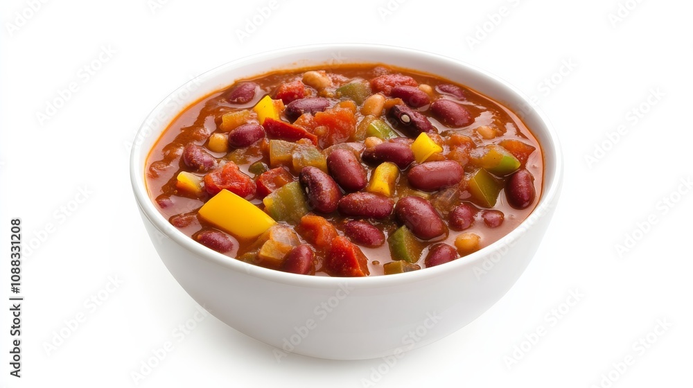 A bowl of hearty vegetable chili with beans, bell peppers, tomatoes A bowl of hearty vegetable chili with beans, bell peppers, tomatoes