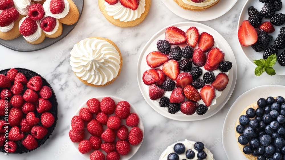 An enticing spread of various desserts and pastries showcased on a marble surface, adorned with fresh strawberries, raspberries, blackberries, and blueberries, creating a vibrant display. An enticing spread of various desserts and pastries showcased on a marble surface, adorned with fresh strawberries, raspberries, blackberries, and blueberries, creating a vibrant display.