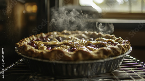 cherry pie cooling on rack, inviting and delicious