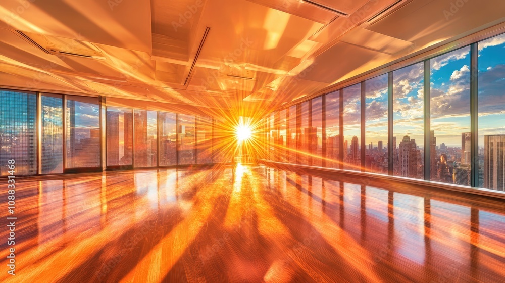 Fototapeta premium Bright Modern Office with Floor-to-Ceiling Windows Showcasing Stunning Sunset and Reflected Light on Polished Wood Floors