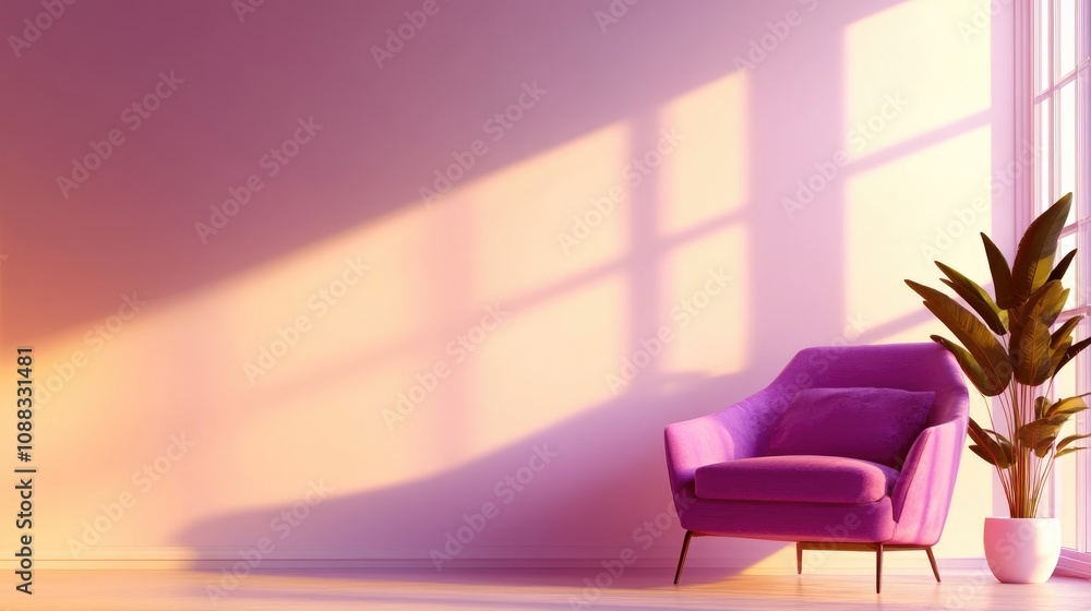 Inviting interior design with a vibrant purple chair, lush green plant, and soft sunlight casting shadows on a light-colored wall. Inviting interior design with a vibrant purple chair, lush green plant, and soft sunlight casting shadows on a light-colored wall.