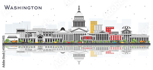 Washington DC USA City Skyline with Gray Buildings and reflections Isolated on White. Business Travel and Tourism Concept with Historic Buildings. Washington DC Cityscape with Landmarks.