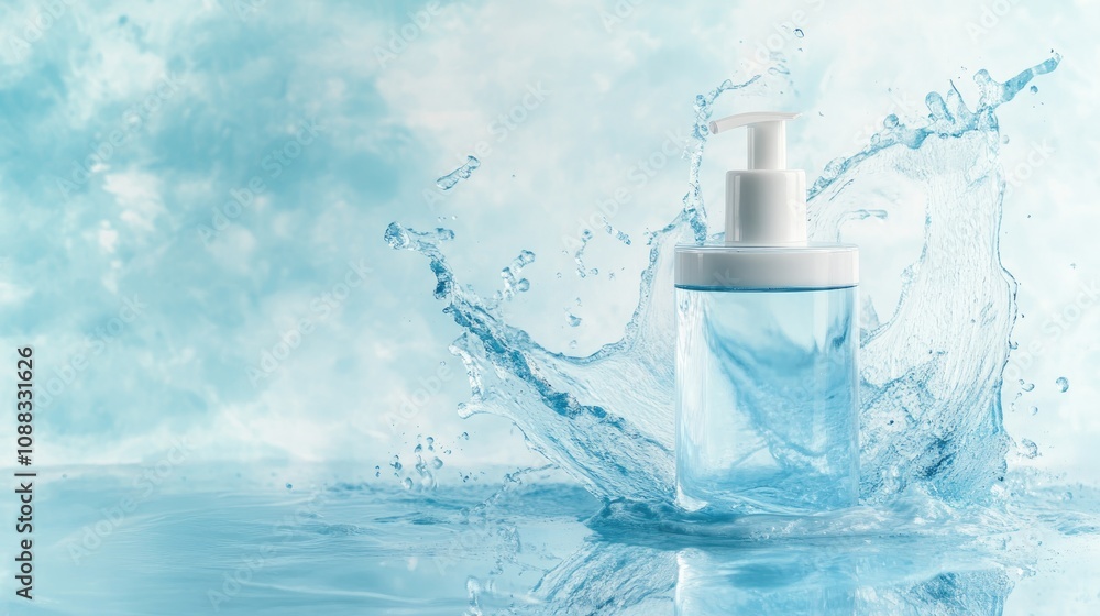 Cosmetic bottle with pump surrounded by a vibrant blue splash, emphasizing moisture and skincare concepts in a refreshing setting. Cosmetic bottle with pump surrounded by a vibrant blue splash, emphasizing moisture and skincare concepts in a refreshing setting.