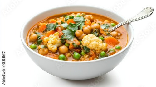 A bowl of hearty vegetable curry with chickpeas, cauliflower, carrots