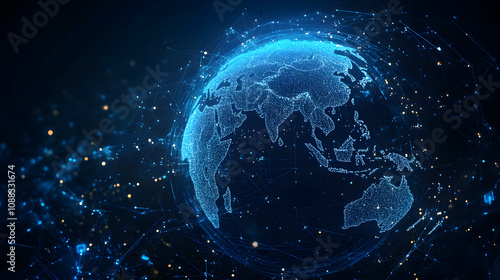 Digital world globe centered on Asia and Middle East, concept of global network and connectivity on Earth, data transfer and cyber technology, information exchange and internation