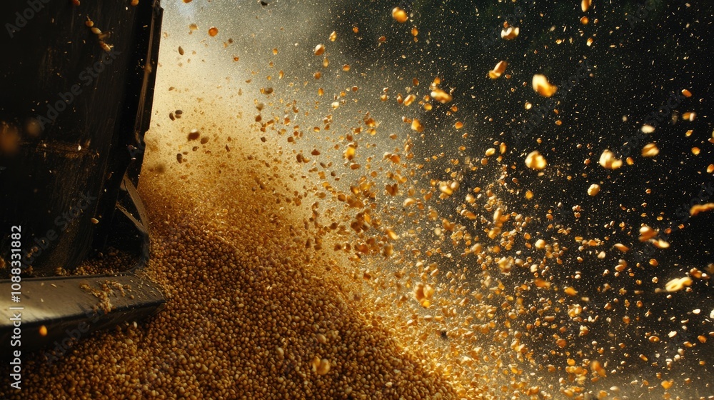 Corn kernels cascading into a truck bed from a combine harvester, creating a dynamic cloud of dust and golden grains in a dramatic harvest scene. Corn kernels cascading into a truck bed from a combine harvester, creating a dynamic cloud of dust and golden grains in a dramatic harvest scene.