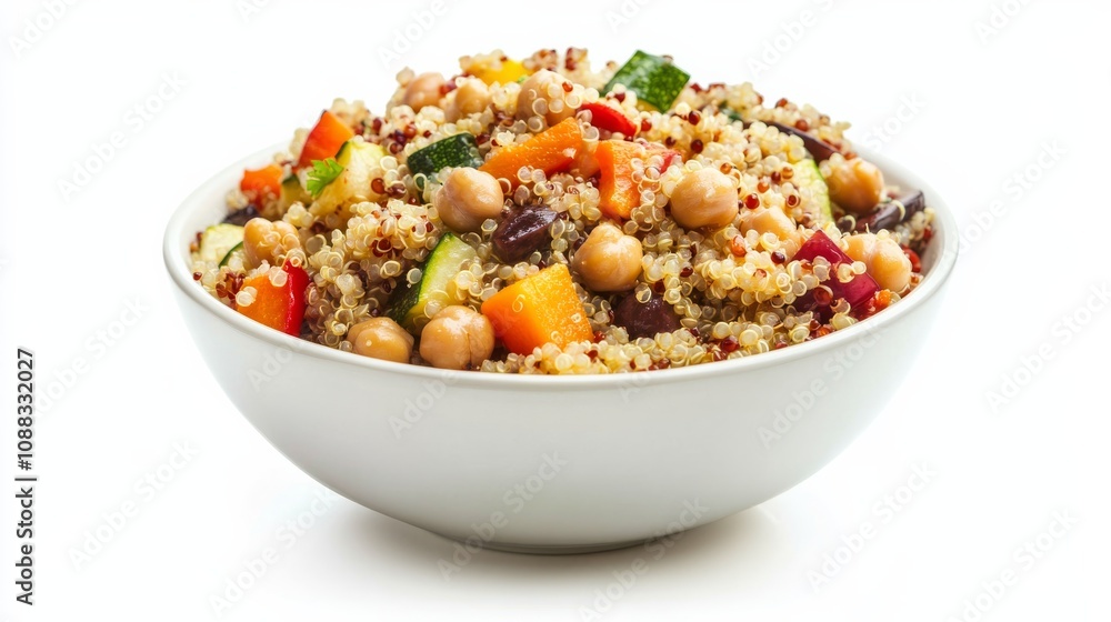 A bowl of hearty vegetable quinoa salad with cooked quinoa, roasted vegetables, chickpeas A bowl of hearty vegetable quinoa salad with cooked quinoa, roasted vegetables, chickpeas