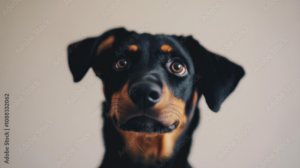 Charming Black and Tan Dog with Intriguing Eyes and a Quizzical Expression Set Against a Minimalistic Background Charming Black and Tan Dog with Intriguing Eyes and a Quizzical Expression Set Against a Minimalistic Background