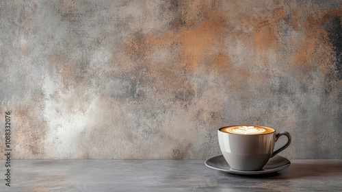 Cappuccino in a gray and brown cup on a table with textured backdrop, showcasing creamy foam art and plenty of copy space for text or branding.