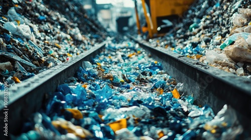 Wallpaper Mural Conveyor belt for waste sorting overflowing with colorful plastic materials, showcasing the recycling process in action. Torontodigital.ca
