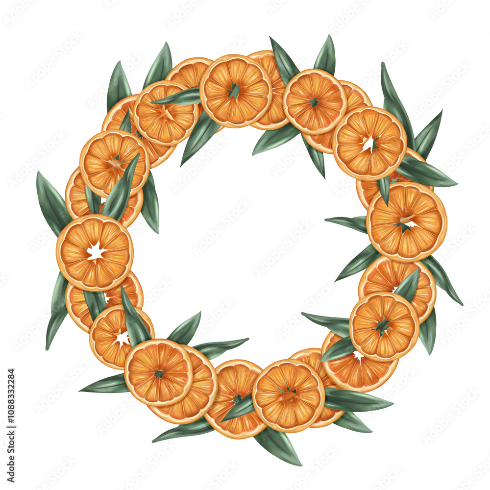Fototapeta premium Christmas wreath of oranges, tangerines, leaves. Handmade eco Christmas toy, winter organic decorations, seasonal handmade garland. Sustainable Xmas, zero waste celebration. Isolated illustration