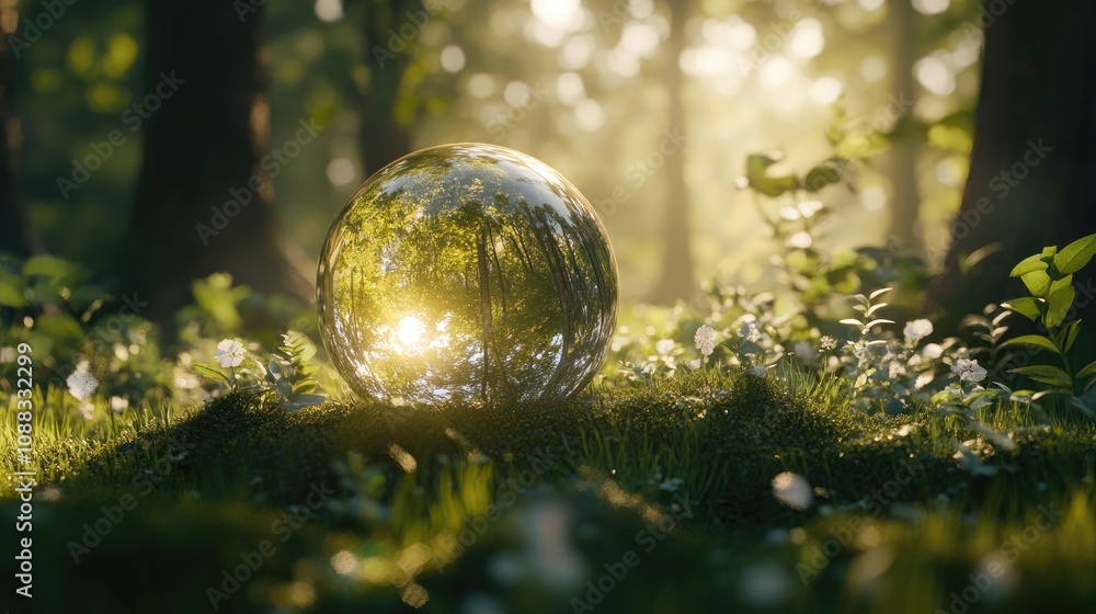 Crystal globe on vibrant green grass in a sunlit forest, symbolizing themes of environmental sustainability and ecological conservation. Crystal globe on vibrant green grass in a sunlit forest, symbolizing themes of environmental sustainability and ecological conservation.