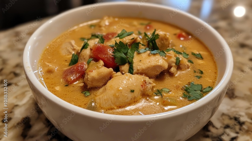 Creamy Spicy Chicken Stew with Fresh Cilantro and Tomato in a Bowl on a Marble Countertop Creamy Spicy Chicken Stew with Fresh Cilantro and Tomato in a Bowl on a Marble Countertop