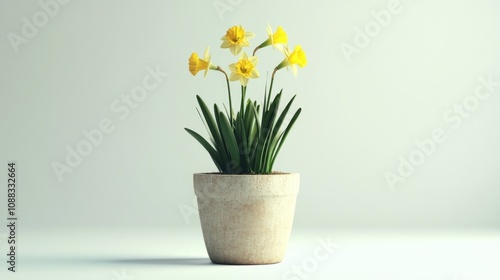 Wallpaper Mural Daffodil plant in a textured pot with vibrant yellow flowers and lush green leaves, set against a soft white background for a fresh, springtime feel. Torontodigital.ca