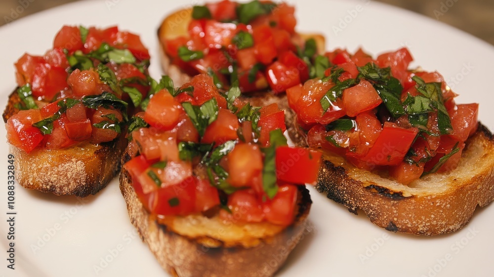 Freshly toasted slices of bread topped with vibrant tomato and basil mixture, showcasing a classic Italian bruschetta presentation. Freshly toasted slices of bread topped with vibrant tomato and basil mixture, showcasing a classic Italian bruschetta presentation.