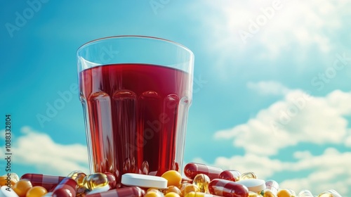 Vibrant red juice in a glass surrounded by colorful nootropic pills and capsules under a bright blue sky with fluffy clouds. photo