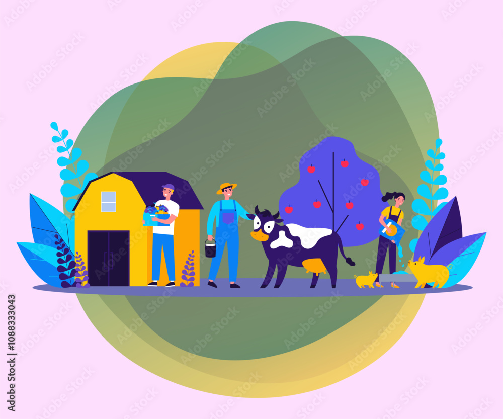 Farm workers caring animals and vegetable garden flat vector illustration. People feeding pigs and cow, growing natural food at countryside. Agriculture and farming concept.