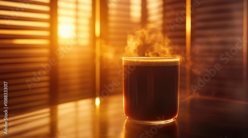 Invigorating steam rising from a glass of rich coffee bathed in warm morning light, symbolizing the perfect start to your day. photo