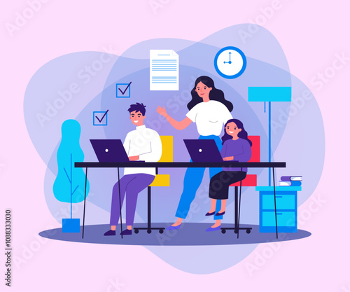 Female teacher explaining lesson to students. Boy and girl learning with tutor flat vector illustration. Education and examination concept for banner, website design or landing web page