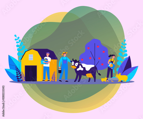 Obraz na płótnie Farm workers caring animals and vegetable garden flat vector illustration. People feeding pigs and cow, growing natural food at countryside. Agriculture and farming concept. w salonie