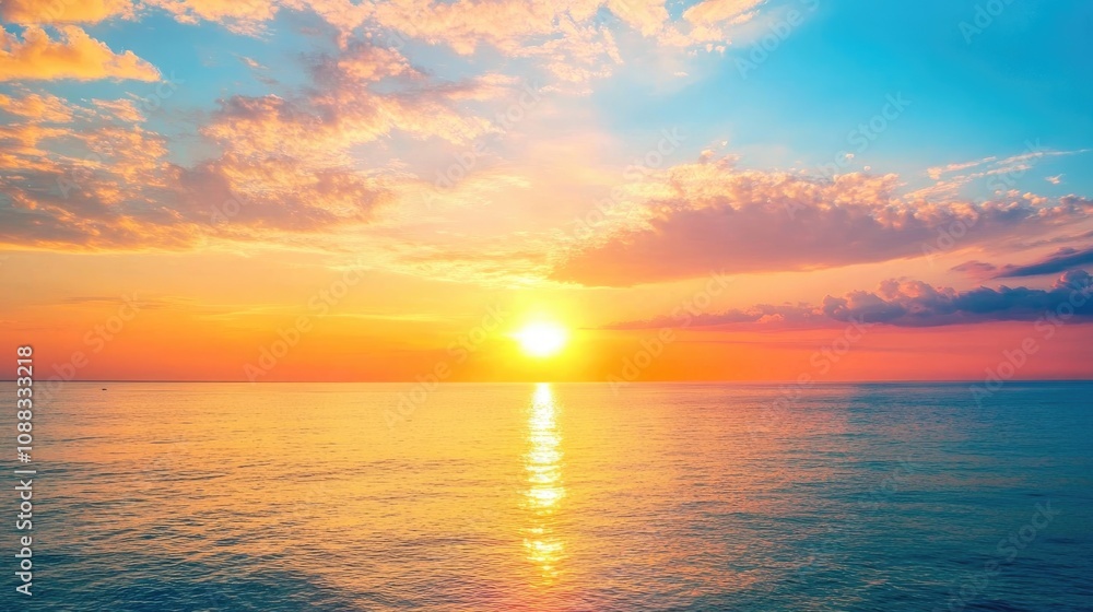 Breathtaking sunset over calm waters displaying a stunning blend of warm oranges, pinks, and blues in a serene coastal landscape Breathtaking sunset over calm waters displaying a stunning blend of warm oranges, pinks, and blues in a serene coastal landscape