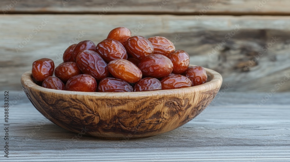 Dates in a rustic wooden bowl next to an ornate lantern on a weathered wooden surface, perfect for Ramadan and Islamic celebrations, with space for text. Dates in a rustic wooden bowl next to an ornate lantern on a weathered wooden surface, perfect for Ramadan and Islamic celebrations, with space for text.
