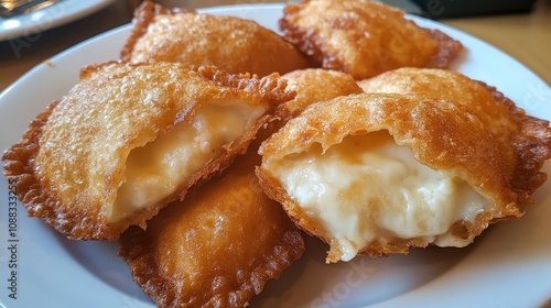 Crispy fried ravioli on a white plate, golden-brown exterior revealing creamy cheese oozing from inside, served in an appetizing arrangement.