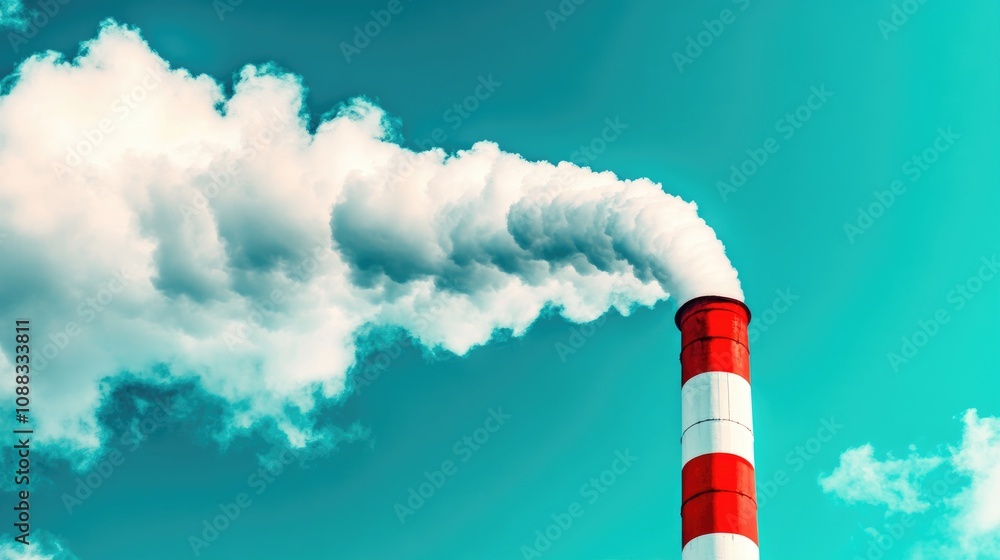Industrial chimney releasing thick white smoke against a vibrant blue sky, highlighting environmental concerns and air quality issues. Industrial chimney releasing thick white smoke against a vibrant blue sky, highlighting environmental concerns and air quality issues.