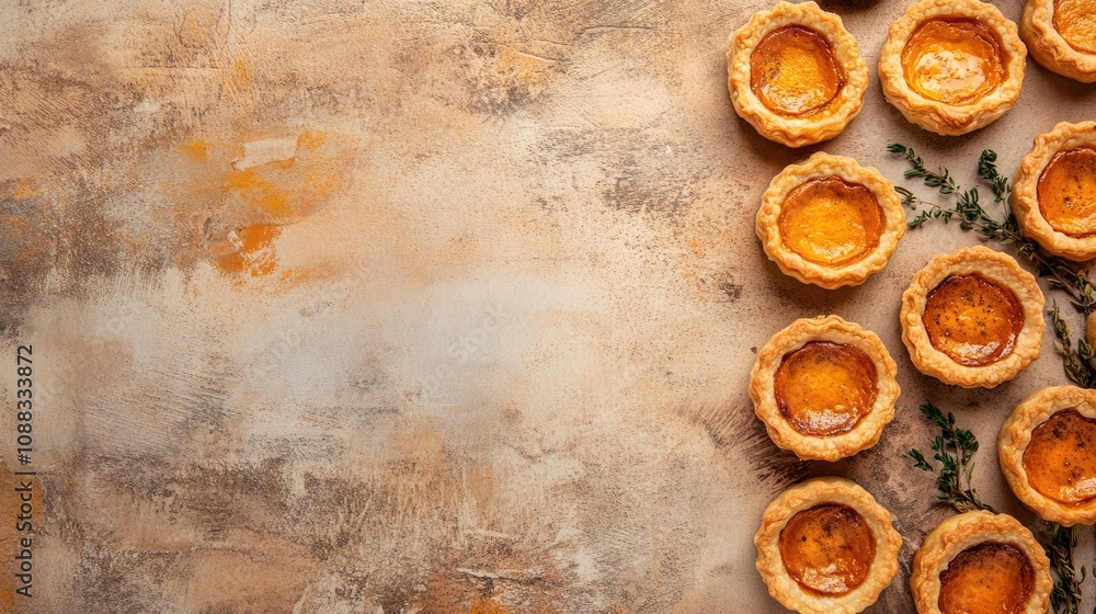 Homemade pumpkin tartlets and mini pies arranged on a textured background highlighting autumn flavors with ample space for banners or text. Homemade pumpkin tartlets and mini pies arranged on a textured background highlighting autumn flavors with ample space for banners or text.