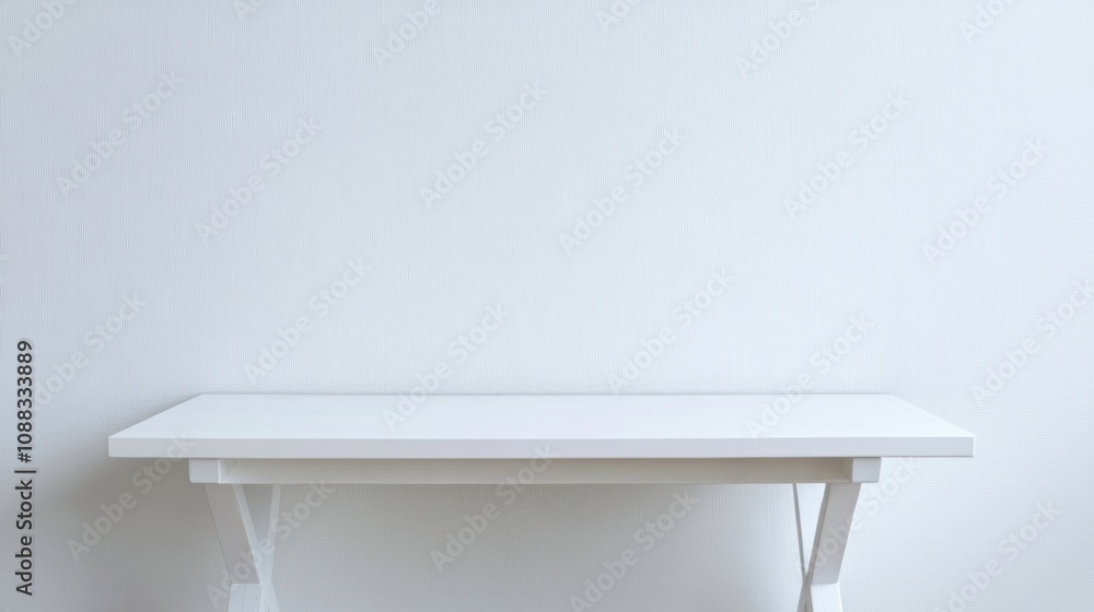 Minimalist white table with simple design set against a plain white wall, creating a serene and uncluttered aesthetic. High-quality image capture. Minimalist white table with simple design set against a plain white wall, creating a serene and uncluttered aesthetic. High-quality image capture.