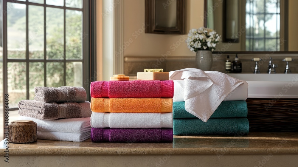 Freshly arranged colorful towels stacked neatly in a bright bathroom, featuring white, orange, teal, and purple hues alongside decorative bath accessories. Freshly arranged colorful towels stacked neatly in a bright bathroom, featuring white, orange, teal, and purple hues alongside decorative bath accessories.