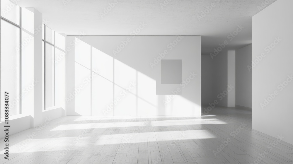 Spacious minimalist room with wooden flooring, bright sunlight streaming through large windows, and clean white walls for versatile background use. Spacious minimalist room with wooden flooring, bright sunlight streaming through large windows, and clean white walls for versatile background use.