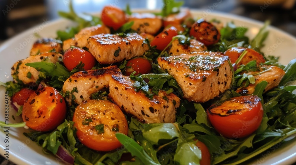 Grilled salmon salad with cherry tomatoes over a bed of fresh greens, garnished with herbs for a vibrant and refreshing homemade dish. Grilled salmon salad with cherry tomatoes over a bed of fresh greens, garnished with herbs for a vibrant and refreshing homemade dish.