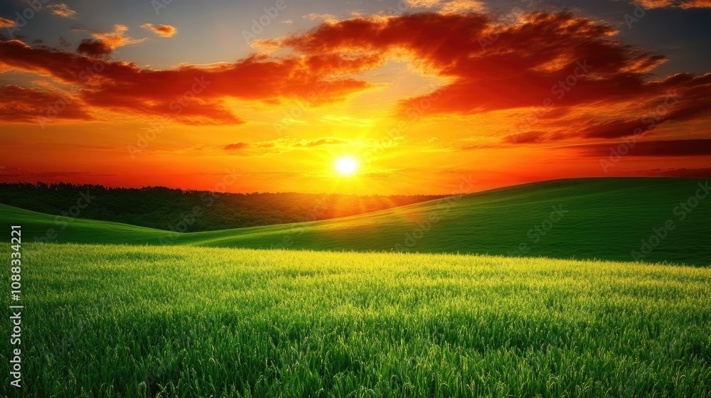 Serene sunset illuminates a lush green field under vibrant orange and red clouds, creating a peaceful and picturesque landscape scene. Serene sunset illuminates a lush green field under vibrant orange and red clouds, creating a peaceful and picturesque landscape scene.