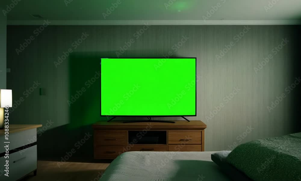 TV with green screen located in the house. Darkened room for a better cinema experience Generative AI TV with green screen located in the house. Darkened room for a better cinema experience Generative AI
