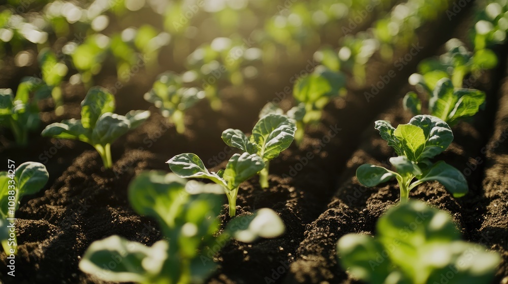 Lush green cabbage seedlings growing in neat rows, illuminated by warm sunlight, showcasing healthy development in fertile farm soil. Lush green cabbage seedlings growing in neat rows, illuminated by warm sunlight, showcasing healthy development in fertile farm soil.