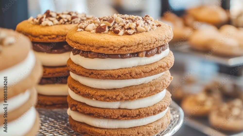 Close-up of tempting hazelnut cookie sandwiches displaying soft creamy filling and a crunchy topping, ideal for breakfast or a delightful snack in a bakery setting. Close-up of tempting hazelnut cookie sandwiches displaying soft creamy filling and a crunchy topping, ideal for breakfast or a delightful snack in a bakery setting.