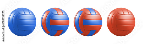 Red blue striped voley ball mockup set. Vector volleyball 3d. Sport skill trophy icon white. Realistic texture round game pictogram. Beach handball, water polo school logo. Colorful club symbol render
