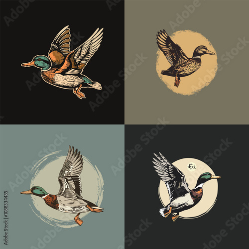 Duck engraving vintage logo design vector illustration