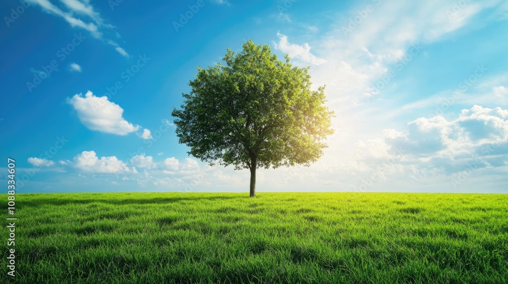 Lone green tree standing in a vibrant green field beneath a bright blue sky dotted with fluffy white clouds and warm sunlight. Lone green tree standing in a vibrant green field beneath a bright blue sky dotted with fluffy white clouds and warm sunlight.
