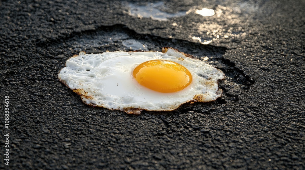 Fried Egg on Asphalt Highlighting Extreme Heat Effects and Climate Change with Sunny Side Up Yellow Yolk and Crispy Edges on Dark Surface Fried Egg on Asphalt Highlighting Extreme Heat Effects and Climate Change with Sunny Side Up Yellow Yolk and Crispy Edges on Dark Surface