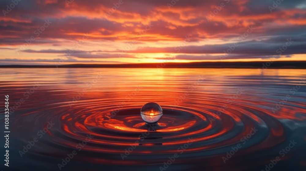 Sunset Reflected in Water Droplet Above Rippling Surface with Vibrant Clouds and Warm Hues Creating a Peaceful Atmosphere Sunset Reflected in Water Droplet Above Rippling Surface with Vibrant Clouds and Warm Hues Creating a Peaceful Atmosphere