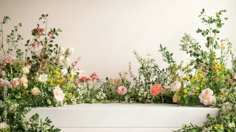 Podium display adorned with vibrant summer floral arrangements framed by a nature-inspired border, perfect for product showcases and advertisements. Podium display adorned with vibrant summer floral arrangements framed by a nature-inspired border, perfect for product showcases and advertisements.