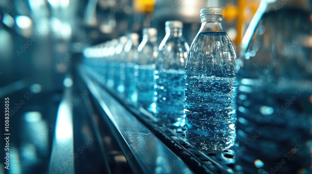 Water Bottling Line Featuring Transparent Bottles Filled with Carbonated Beverages on a Conveyor System Under Industrial Lighting Water Bottling Line Featuring Transparent Bottles Filled with Carbonated Beverages on a Conveyor System Under Industrial Lighting