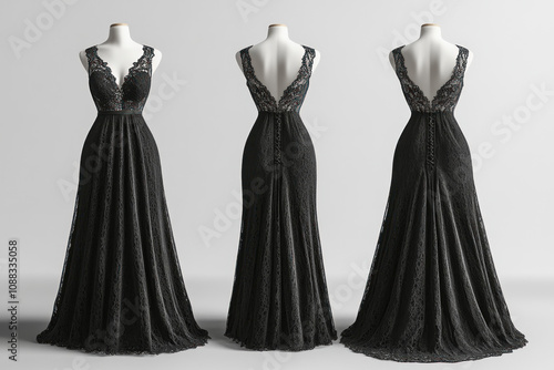 Black lace evening dresses shimmer under dim lights, adding elegance and sophistication to the glamorous event.