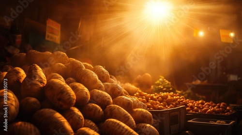 Sunlight streaming through a market, highlighting vibrant puna yams Dioscorea piled amongst fresh produce in a bustling food stall. photo